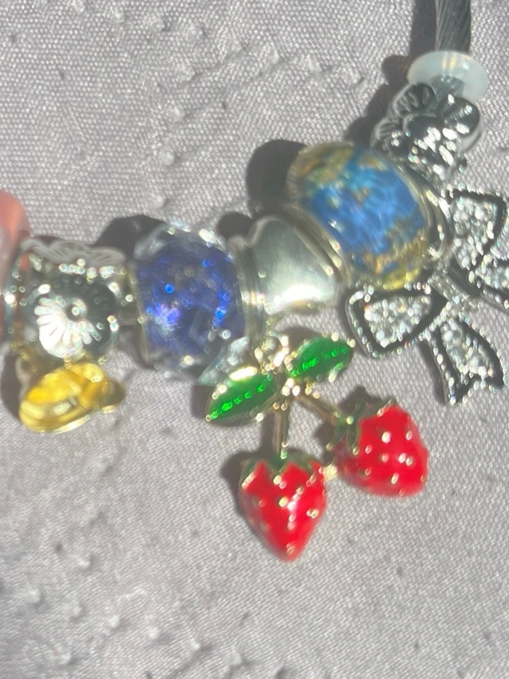 Kids Silver Charm Bracelet with Pink, Blue & Red Strawberry Charms